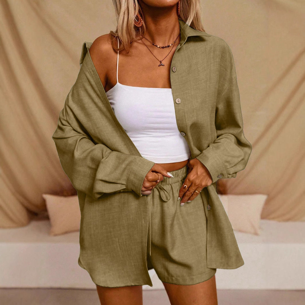 A Casual Two-Piece Set Long-Sleeve Button-Up Shirt with an Elastic Waist, Along with Loose Wide-Leg Trousers