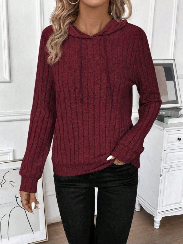 Casual Rib Sunken Stripe Pullover Hooded Long Sleeves Sweater