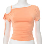 Irregular Strapless Lace-up Short Sleeve T-shirt Top