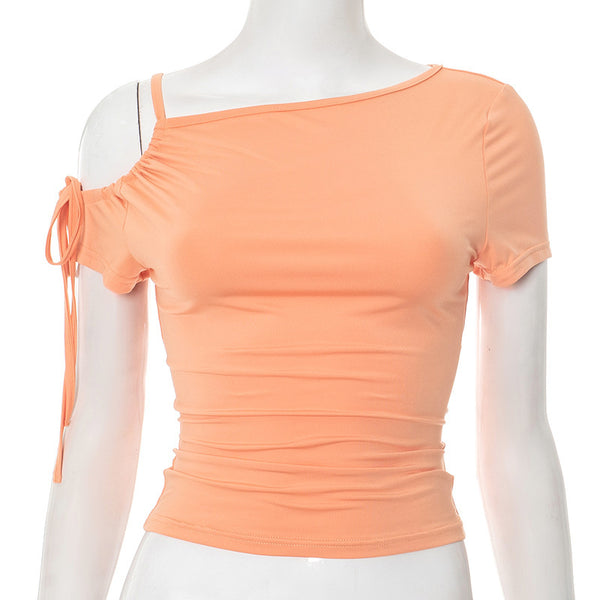 Irregular Strapless Lace-up Short Sleeve T-shirt Top