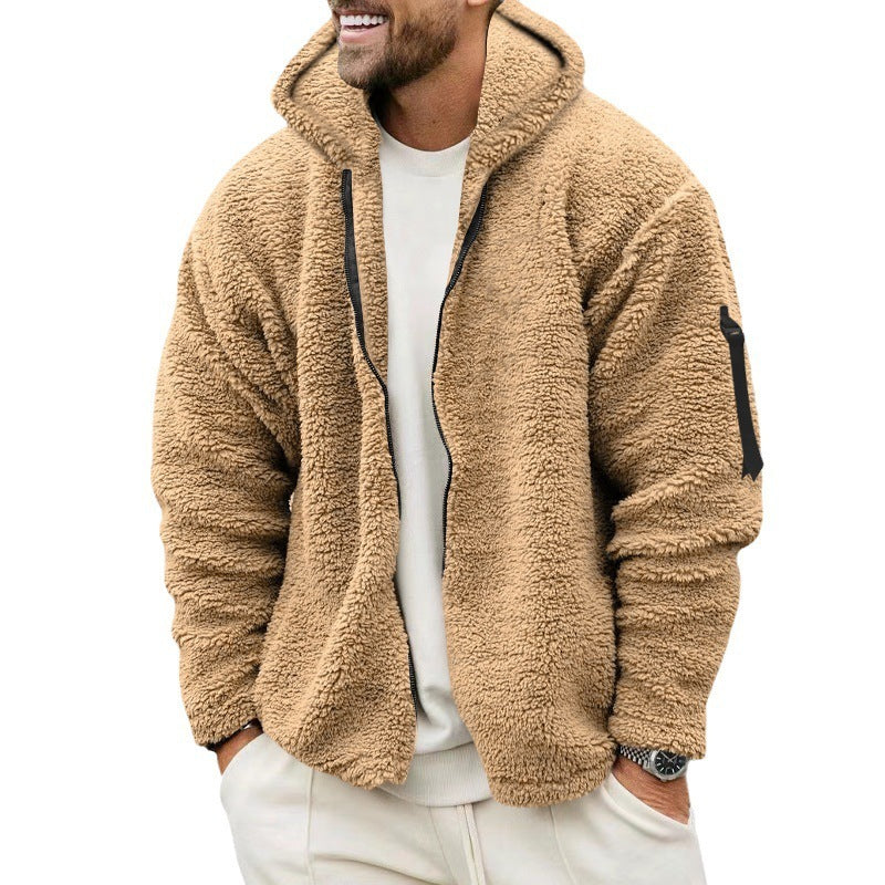 Plush Hooded Jacket Men's Autumn And Winter Fleece Double-sided Wear Warm Coat With Zipper Loose Casual Jacket