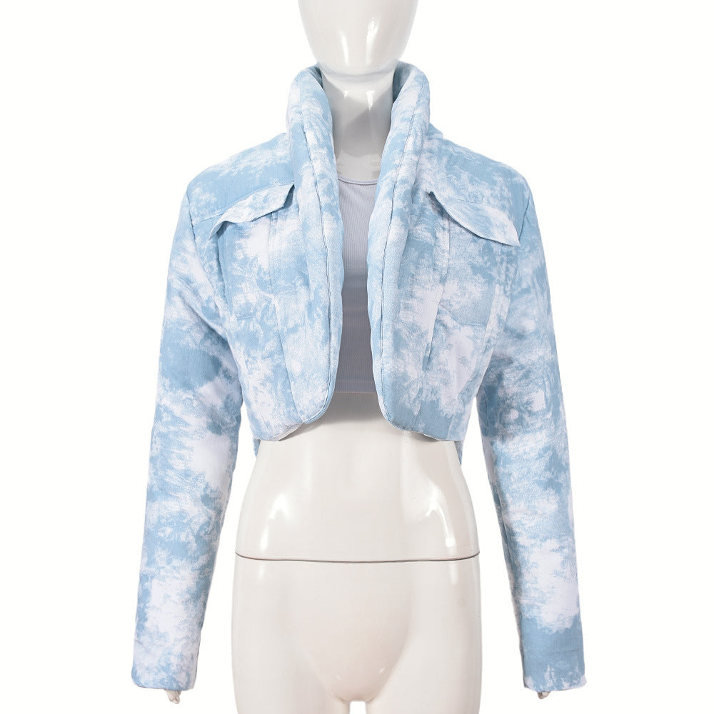 Quilted Scarf Stand Collar Pocket Long Sleeve Blooming Cotton-padded Coat