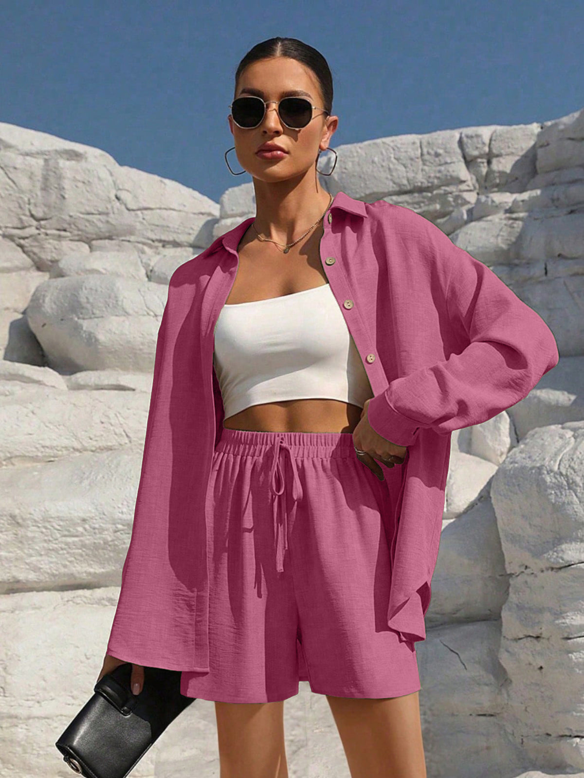 A Casual Two-Piece Set Long-Sleeve Button-Up Shirt with an Elastic Waist, Along with Loose Wide-Leg Trousers