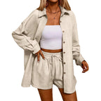 A Casual Two-Piece Set Long-Sleeve Button-Up Shirt with an Elastic Waist, Along with Loose Wide-Leg Trousers