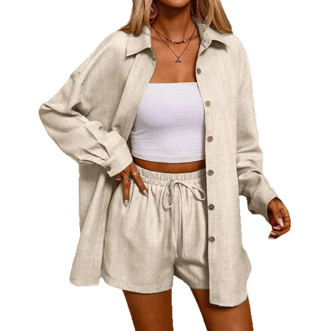 A Casual Two-Piece Set Long-Sleeve Button-Up Shirt with an Elastic Waist, Along with Loose Wide-Leg Trousers