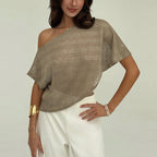 Loose T-shirt Oblique Shoulder Semi-transparent Pullover Top