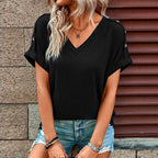 V Neck Short Sleeve Button Decor