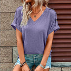 V Neck Short Sleeve Button Decor