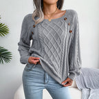 Square Neck Knitted Sweater With Button Design Winter Warm Long Sleeve Tops