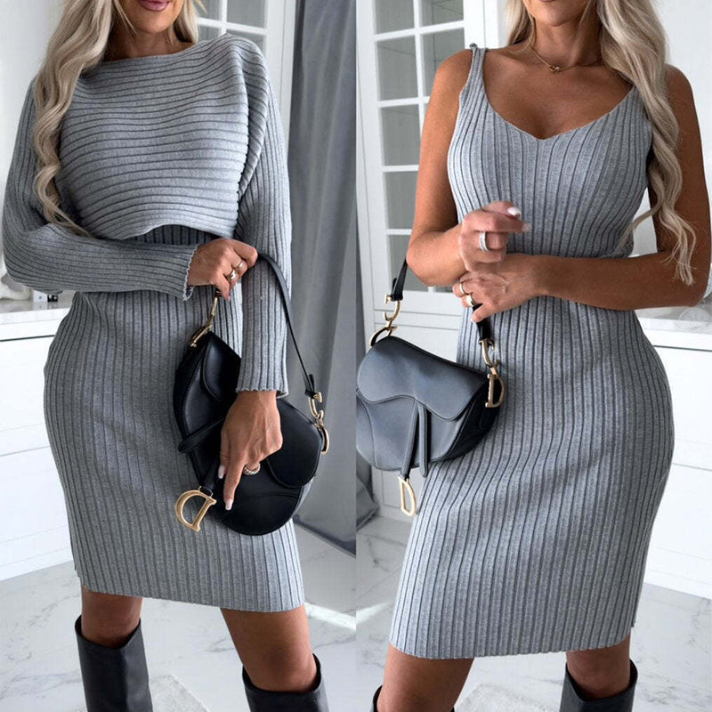 Long-sleeved Top And Tight Suspender Skirt
