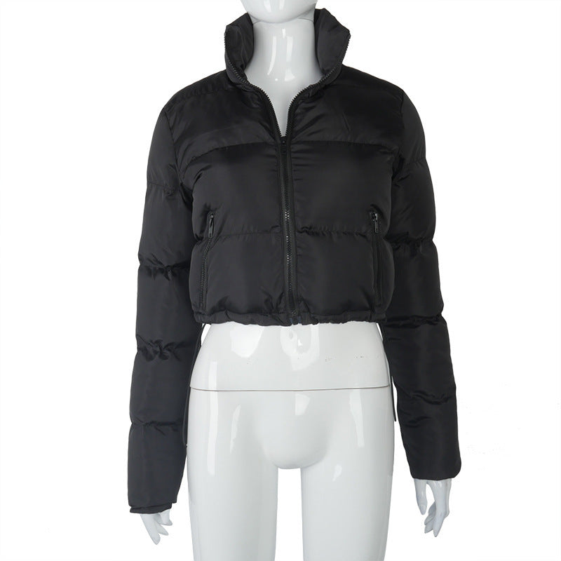 Long-sleeved Stand Collar Zipper Bread Cotton Coat With Drawstring Design