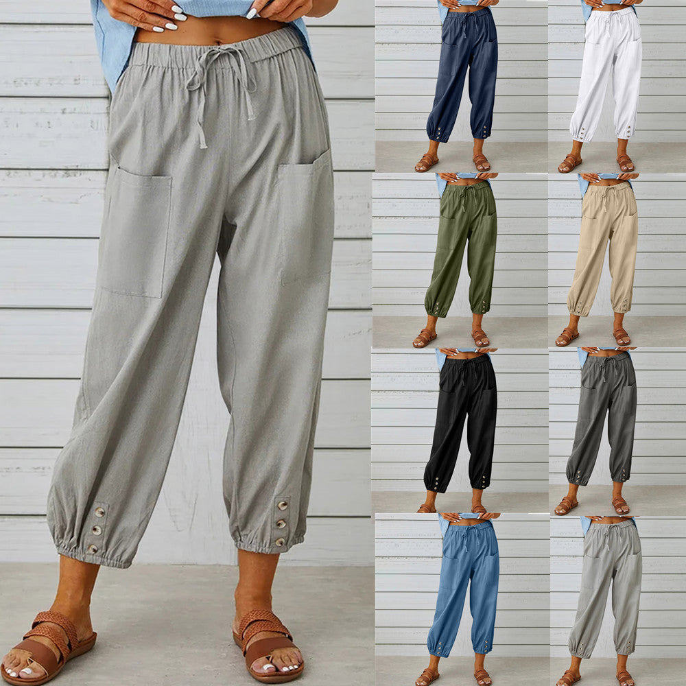 Drawstring Tie Pants Spring Summer Cotton And Linen Trousers With Pockets Button