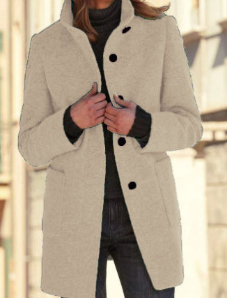 Fashion Stand Collar Woolen Coat With Pockets Fall Winter Casual Button Outwear