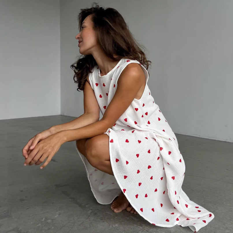 Heart Printing Cotton Sling Loose Long Dress